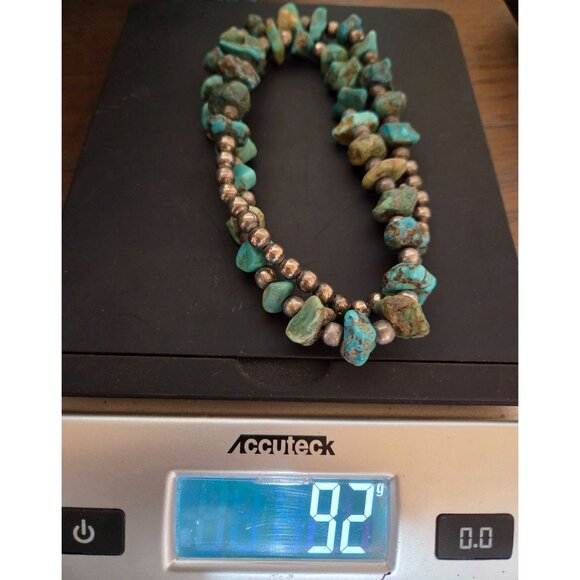 Vintage Turquoise Silver Nugget Beaded Necklace Chunky Rustic Boho Slip On 92gr - Picture 10 of 10